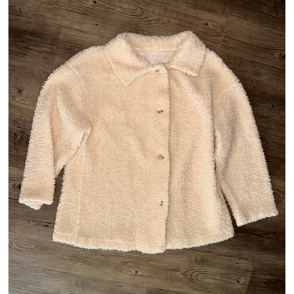 SHEIN Cream Faux Shearling Borg Fleece Button Front Jacket Small
